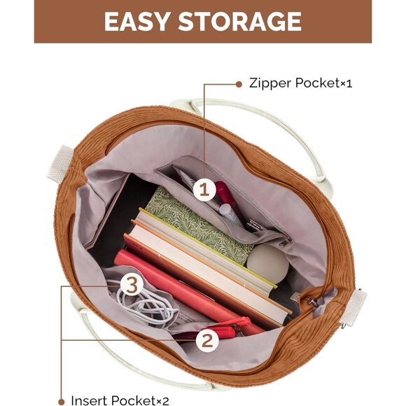 Prite Women Brown Corduroy Large Hobo Shoulder Crossbody Tote Bag With Pockets - Picture 4 of 12